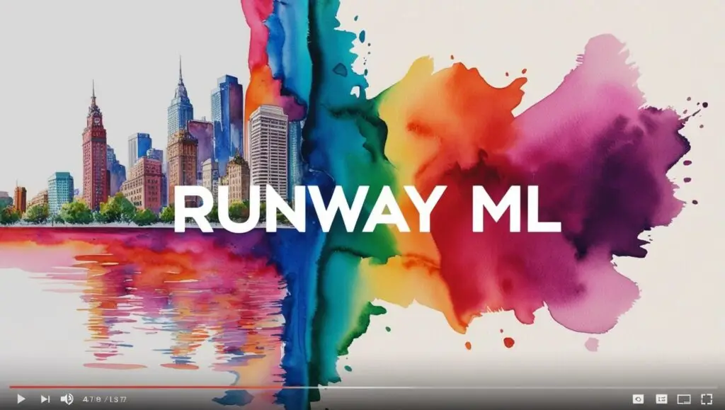 A vibrant Runway ML video frame featuring a colorful watercolor cityscape with AI video editing apps effects, showcasing a modern and creative design.