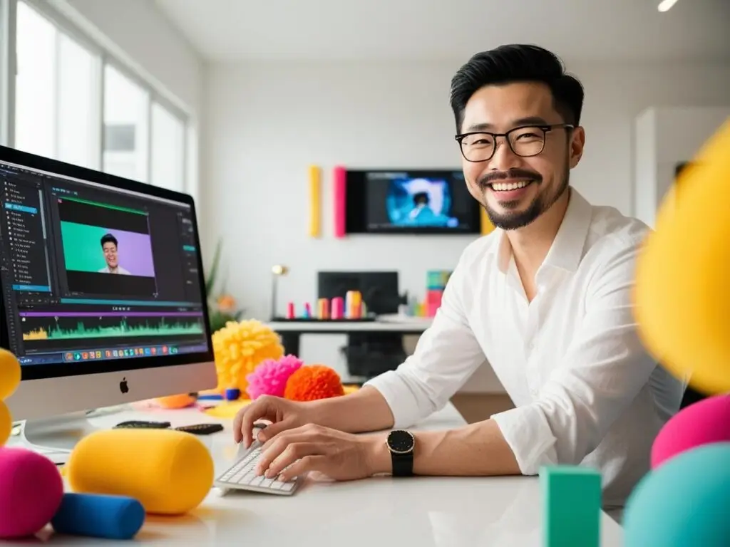 A content creator editing a video on a computer using AI video editing apps, with a colorful workspace featuring icons and tools, showcasing a modern and energetic vibe.