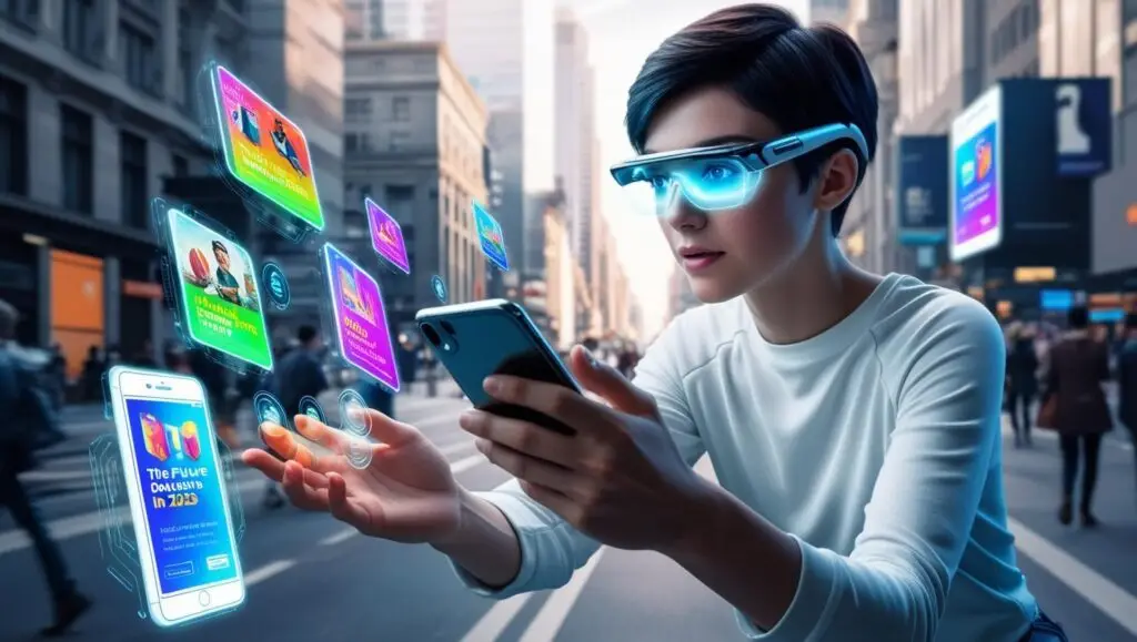 A person wearing sleek AR glasses and holding a smartphone, engaging with vibrant holographic ads in a bustling city street, symbolizing the future of digital marketing.