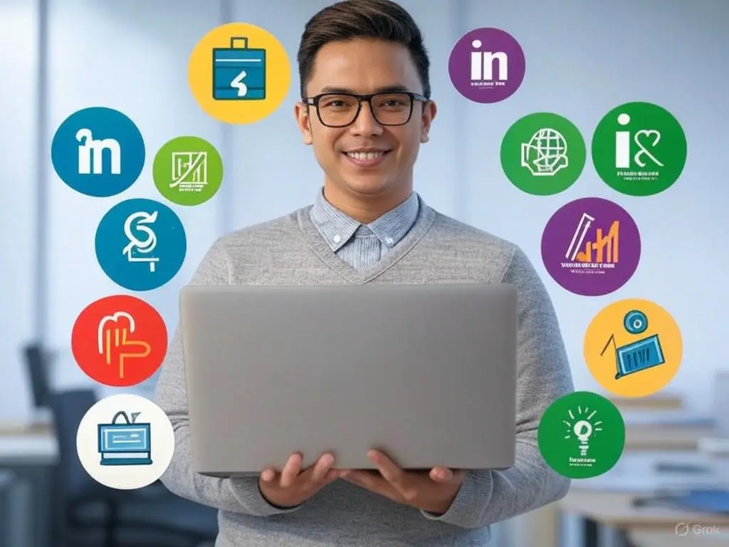 Professional with MBA in Digital Marketing holding a laptop, surrounded by social media and job role icons.