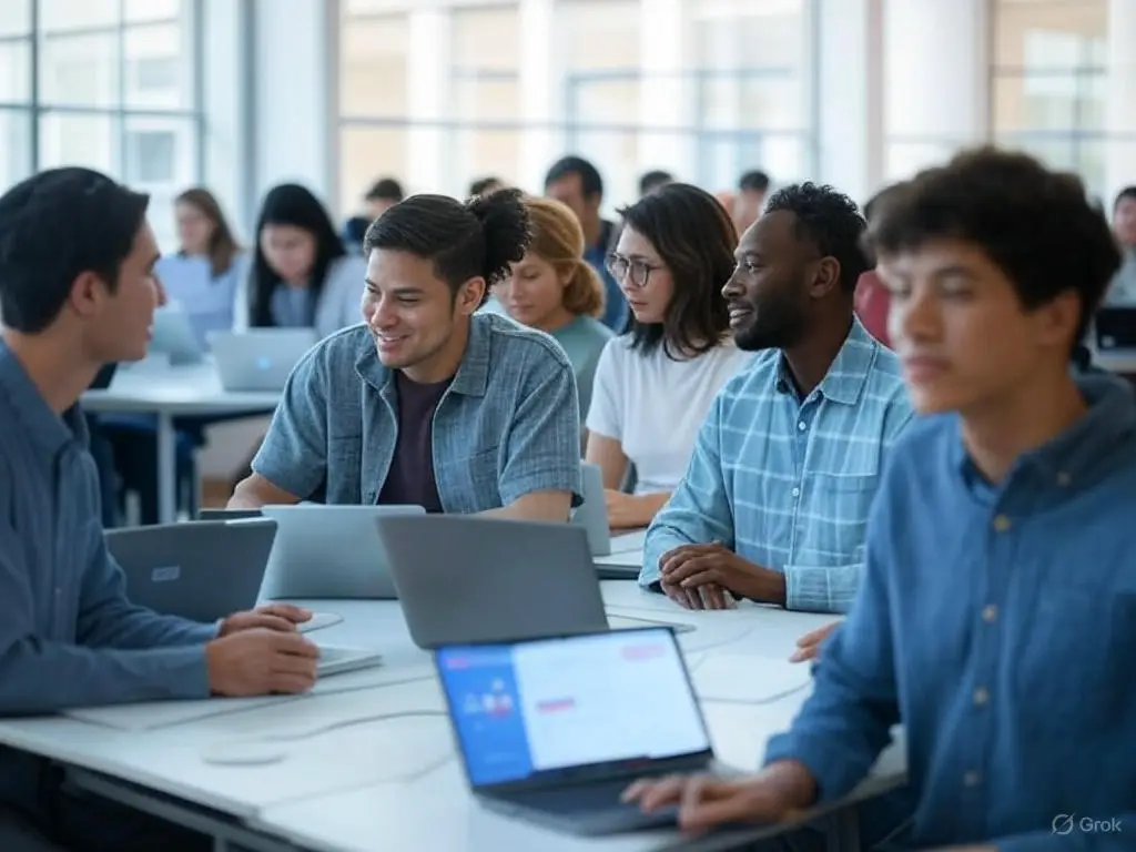 Modern college campus with students in a digital marketing lab, using laptops in a vibrant learning environment.