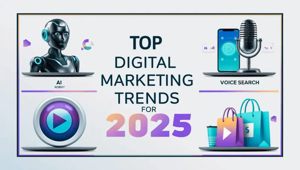 Infographic of top 2025 digital marketing trends with AI robots, voice search, and shopping bags.