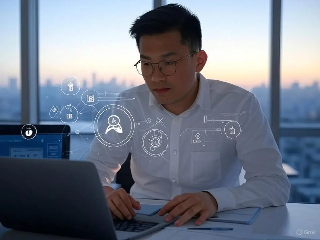 A vibrant illustration of a digital marketing professional with an MBA in digital marketing working on a laptop, surrounded by icons of social media, SEO, and analytics tools, with a city skyline background representing career growth.